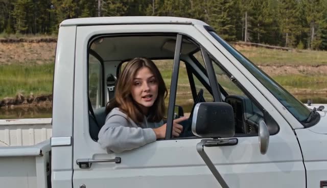 Driver in a white pickup beside a pond as a private property meme visual reference